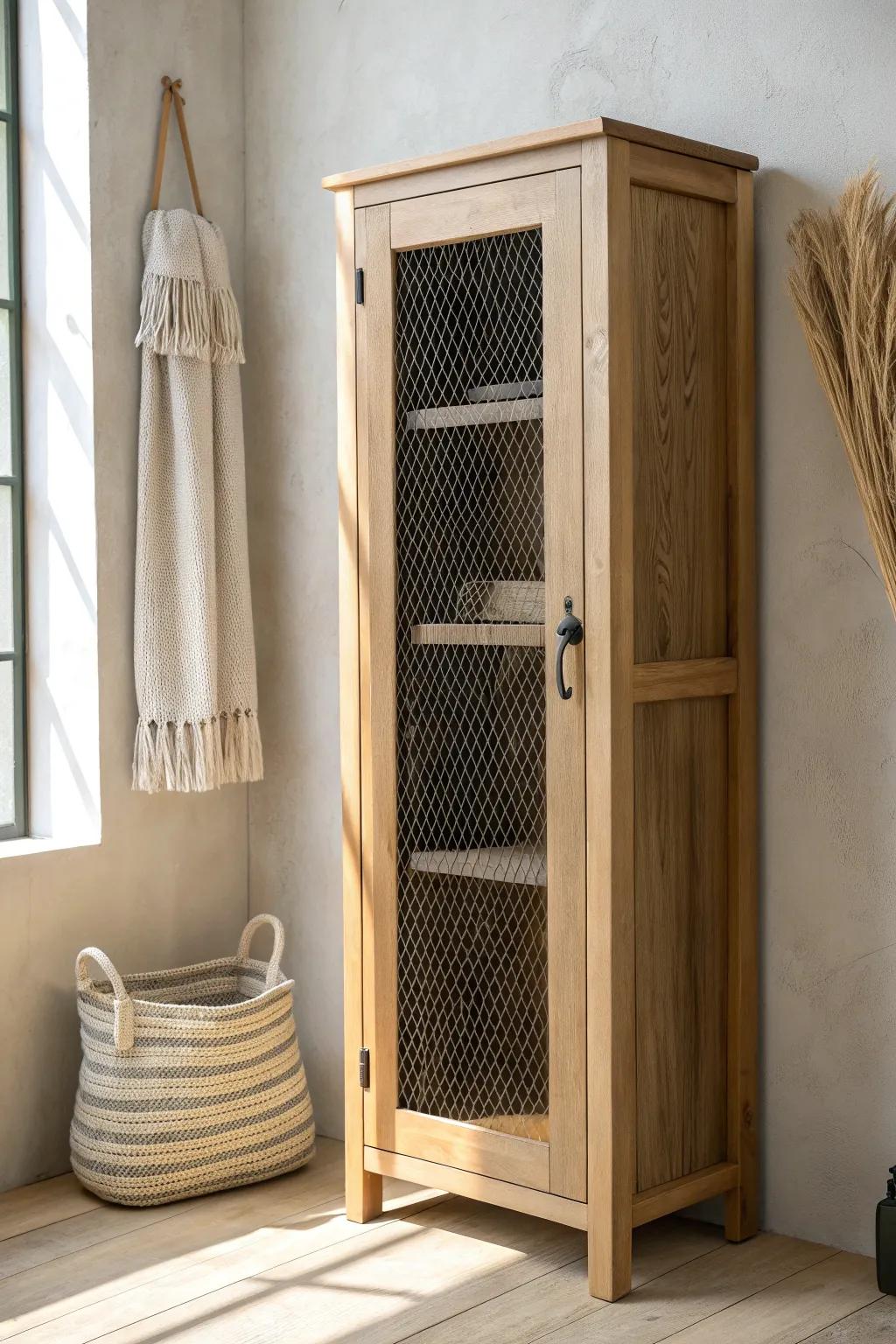 Wire-mesh cabinet front: rustic-industrial texture in a clean Scandinavian oak frame.