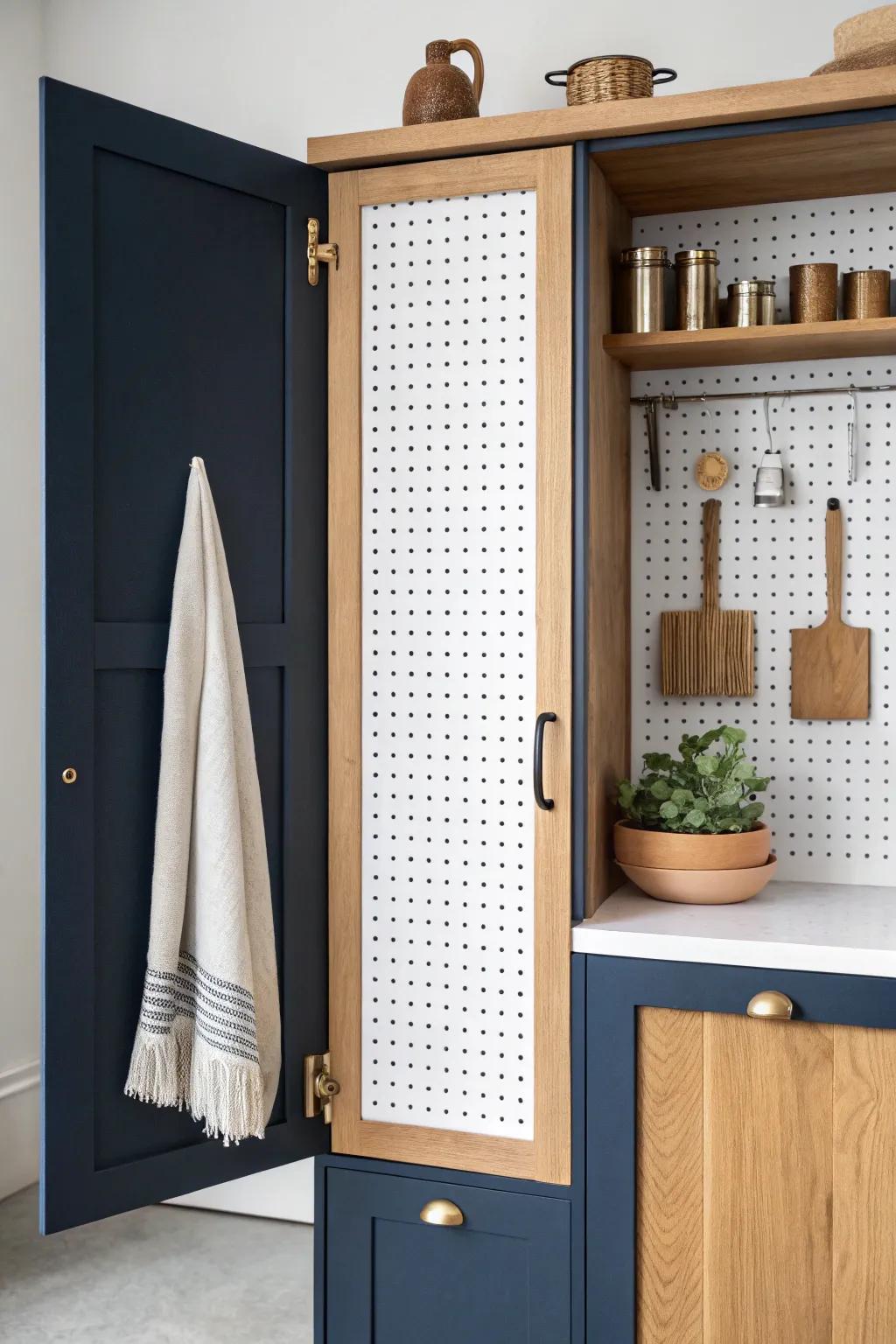 A framed pegboard on a cabinet door: adjustable storage with Scandinavian-boho warmth.