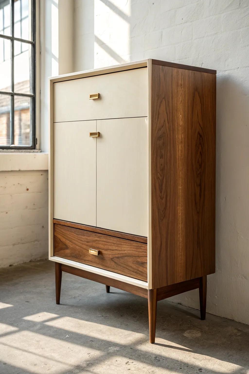Two-tone cabinet fronts: airy painted uppers with warm dark wood lowers for effortless depth.