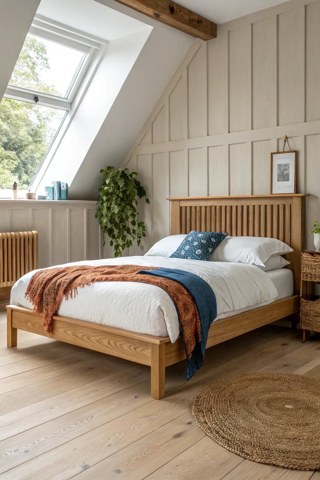 Caddy-corner oak bed tucked into an attic knee-wall nook—cozy, bright, and beautifully crafted.
