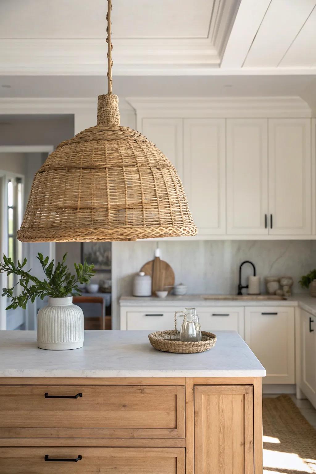 Woven rattan pendant lighting that softens a bright California kitchen with warm texture.