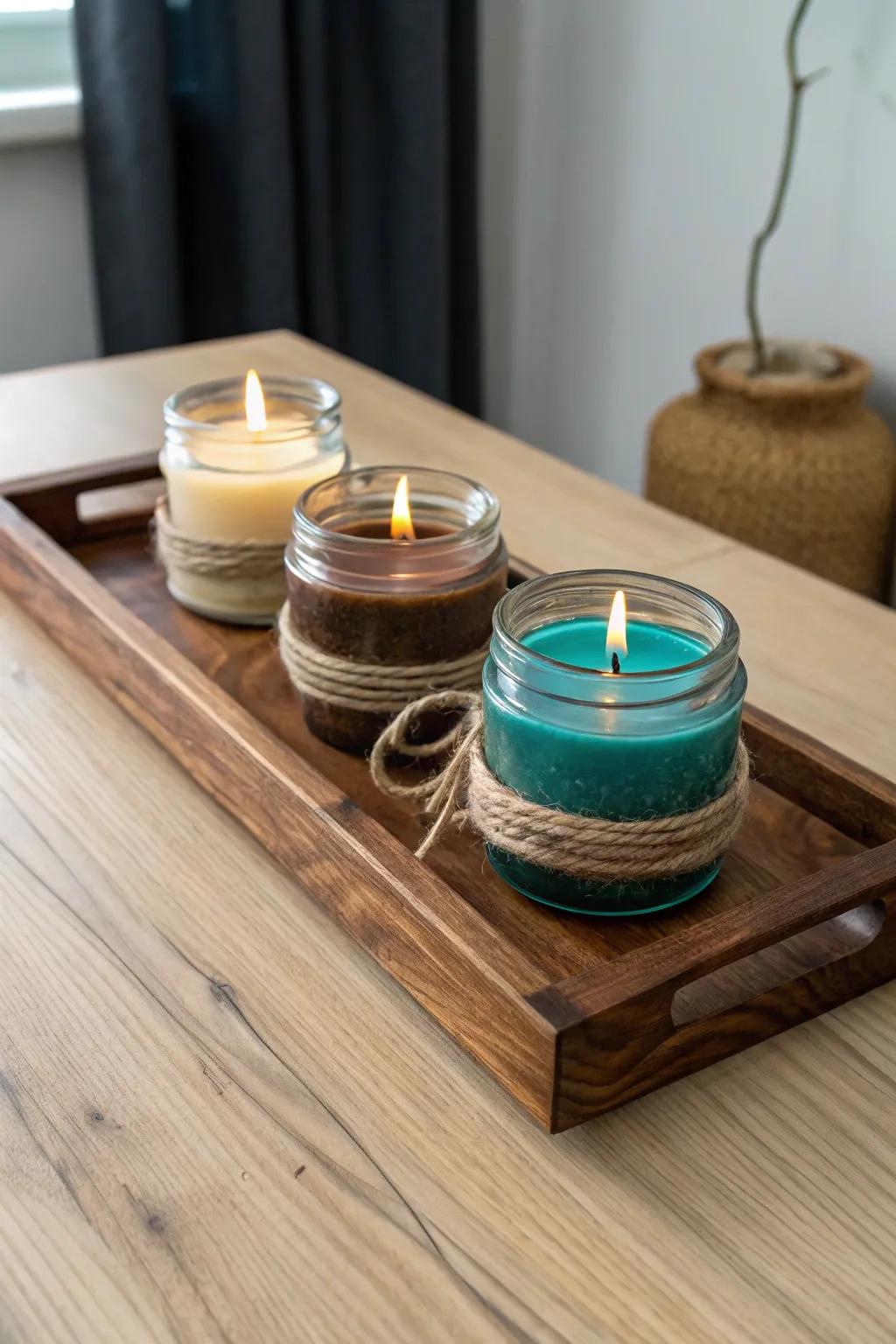 Coastal-meets-rustic glow: rope-wrapped candle jars styled on a sleek walnut tray.