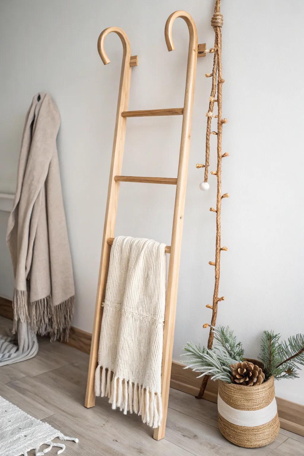 Oversized wooden candy canes on a cozy ladder—minimal, handmade, and beautifully bold.