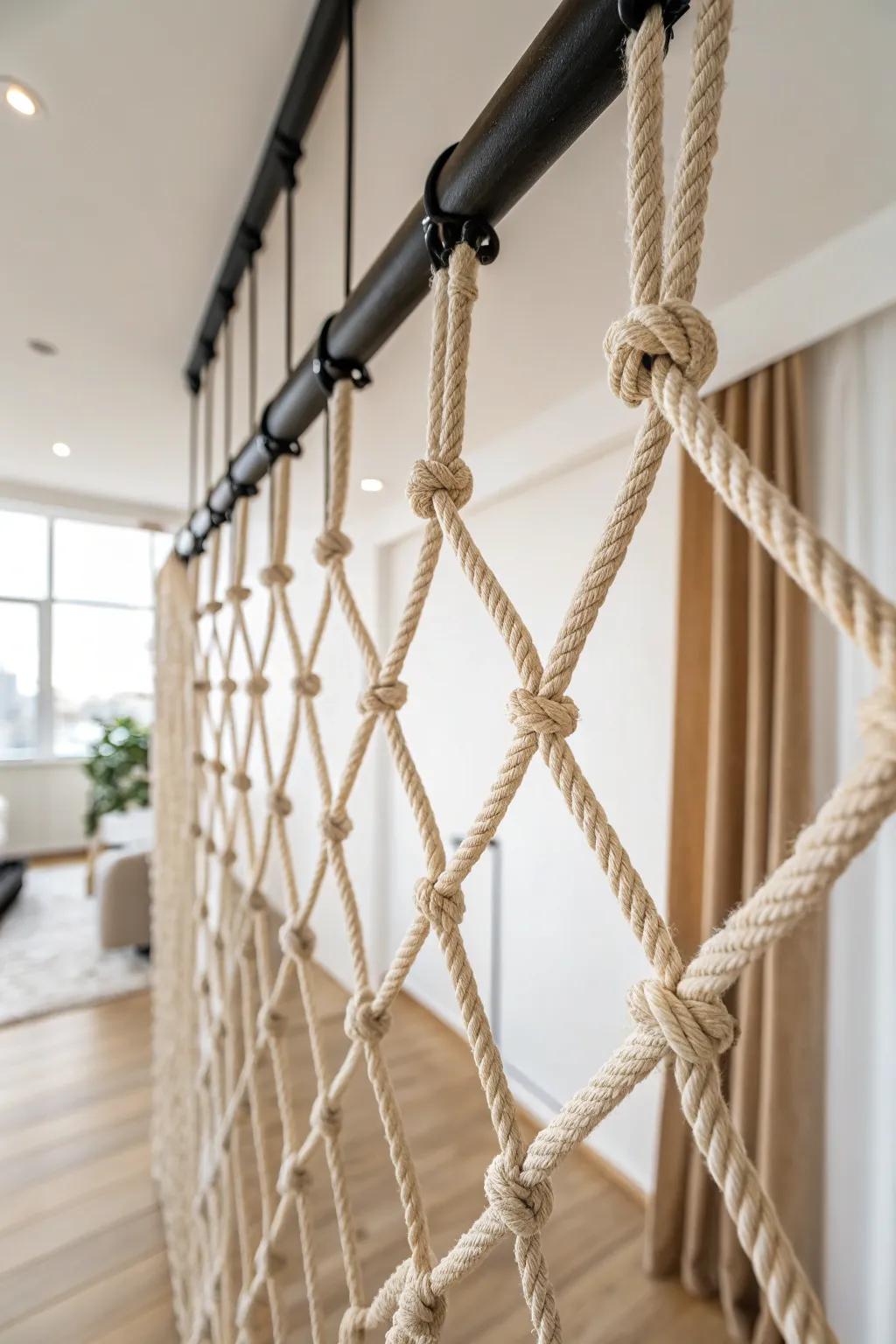 Ceiling-hung rope-and-oak sail divider—airy, handcrafted texture with bold, cozy contrast.