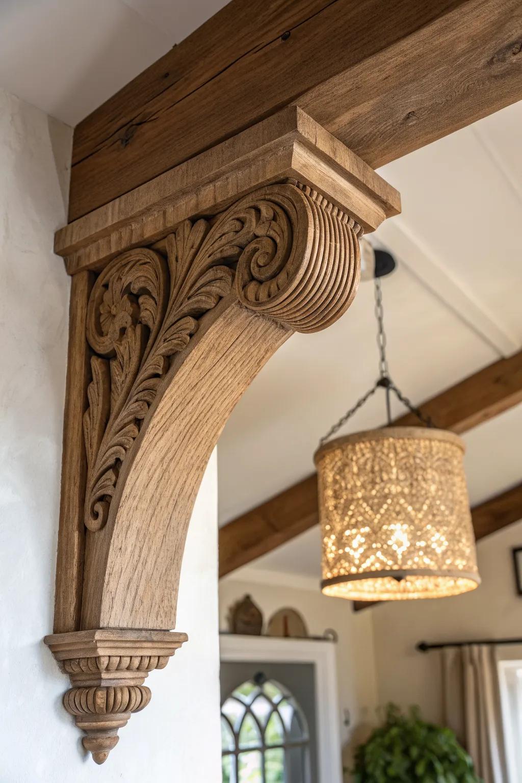 A carved oak corbel at the beam end makes the ceiling transition feel crafted and supported.
