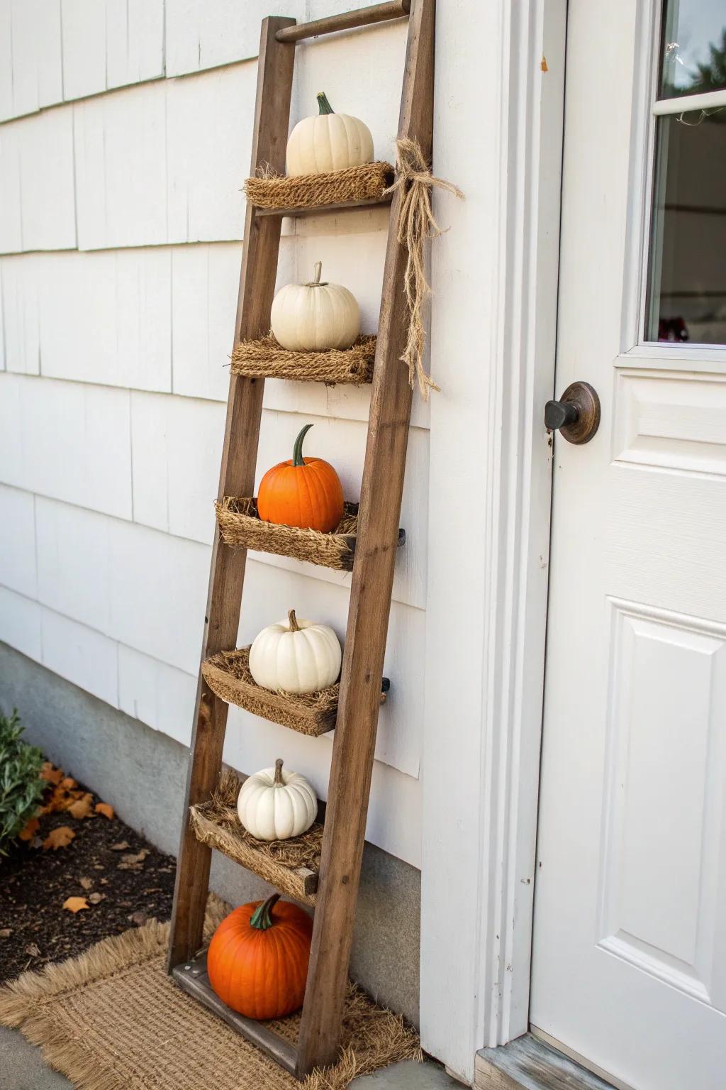 Upcycled ladder pumpkin stand: a cheap DIY fall display that looks like chic farmhouse decor.