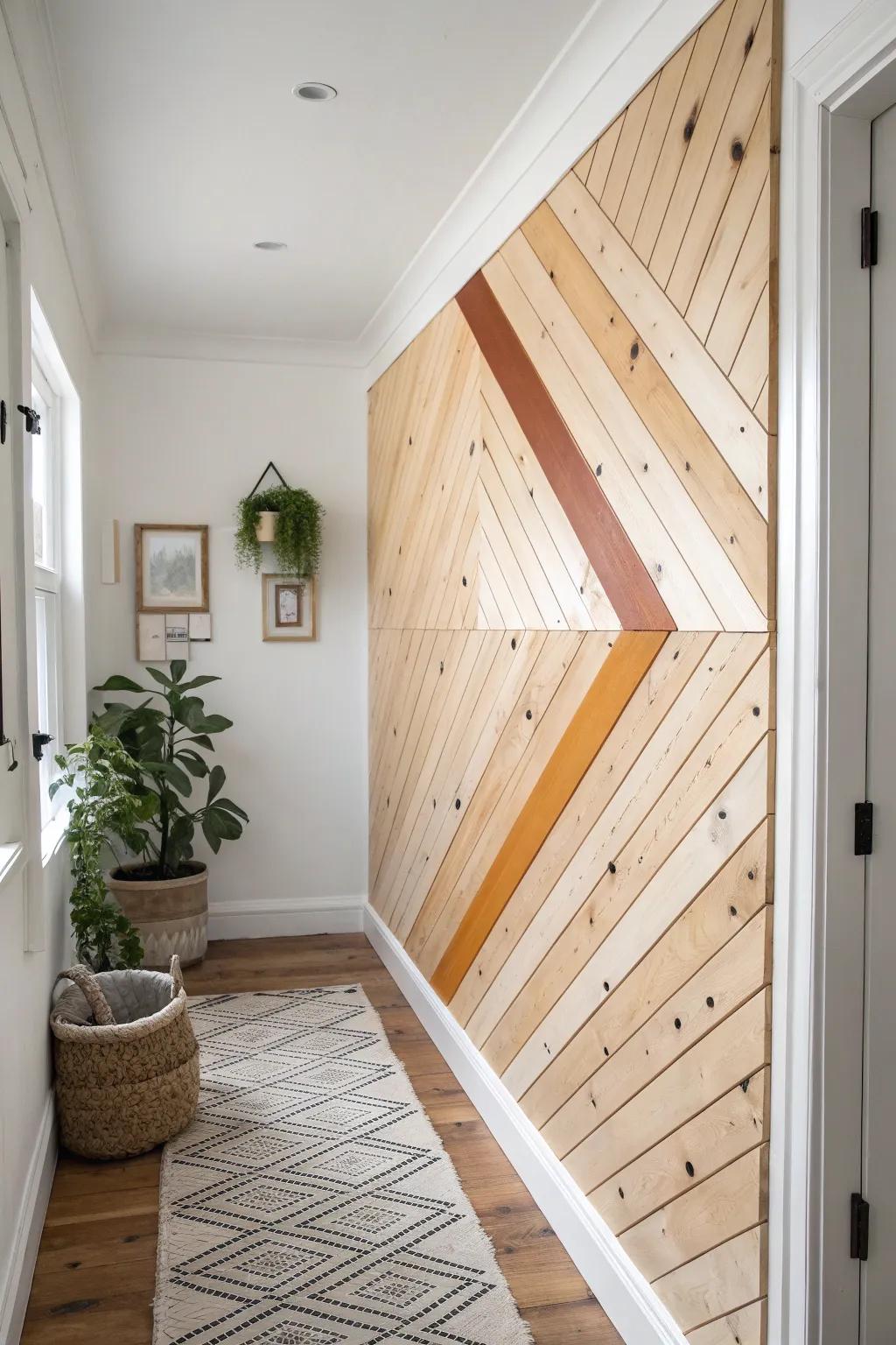 Diagonal planks add instant energy—simple boards, bold angle, and a handcrafted look on a budget.