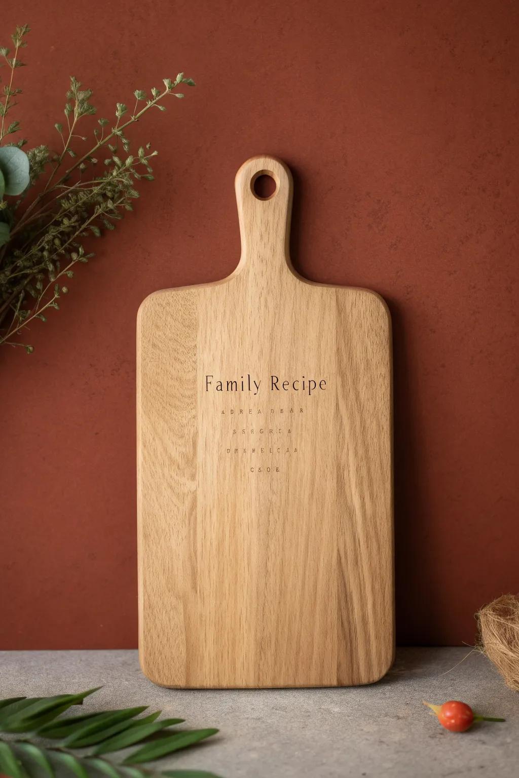 A minimalist cheese board engraved with a cherished family ingredient list—simple, personal, timeless.