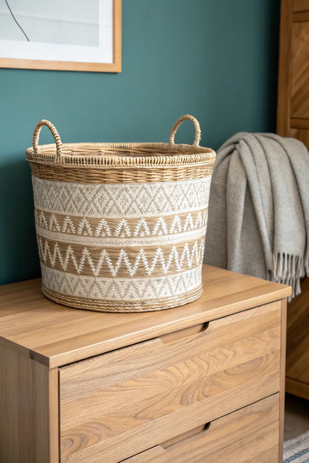 Add airy texture: a woven basket on your chest top softens wood and keeps essentials tidy.