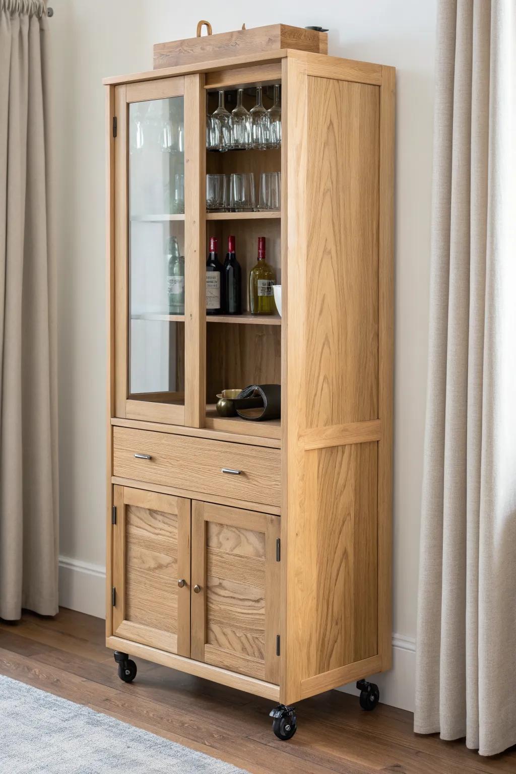 A rolling china cabinet bar cart with locking casters—crafty, chic, and party-ready.