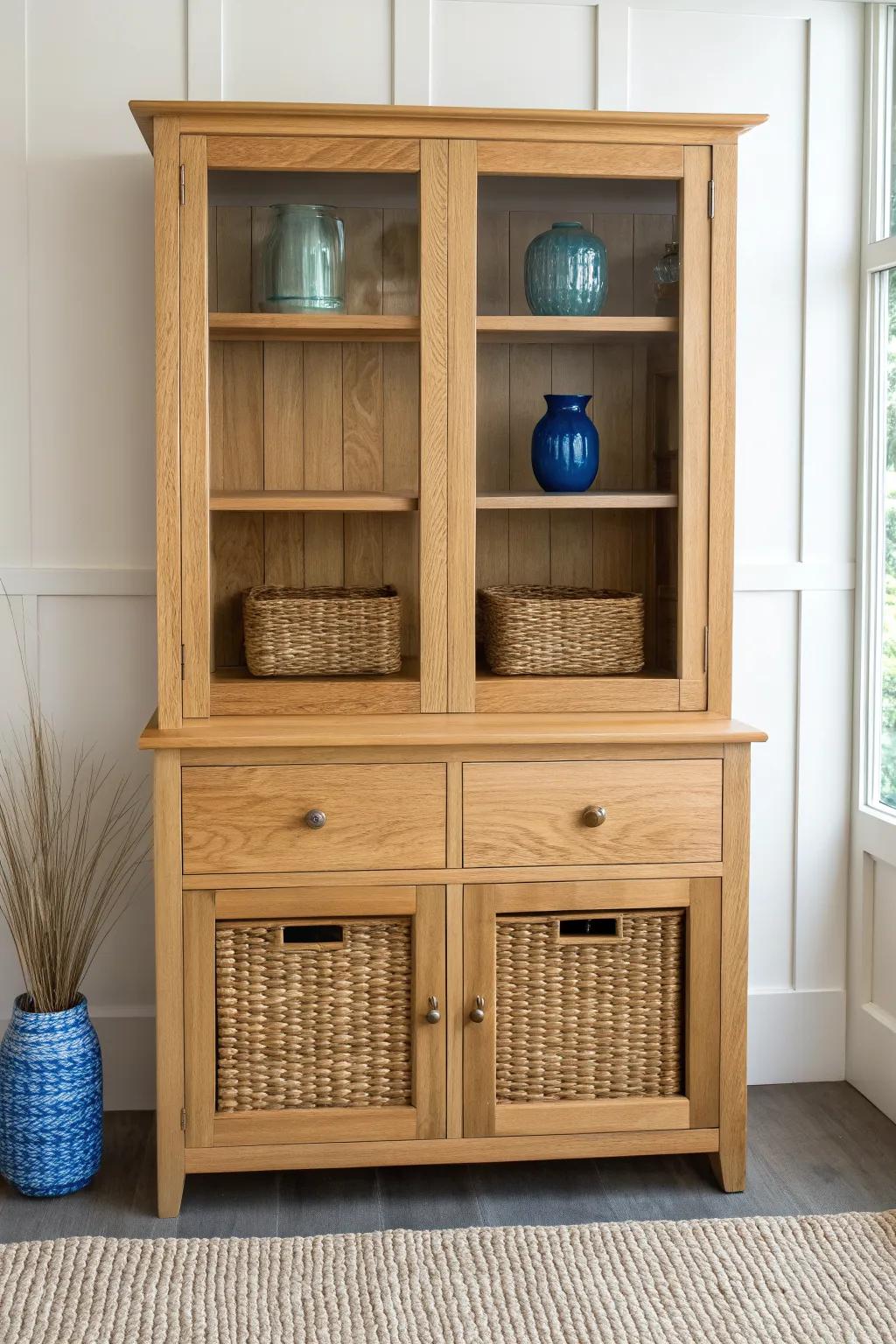Hide real-life clutter in woven baskets—your china hutch stays calm, curated, and useful.