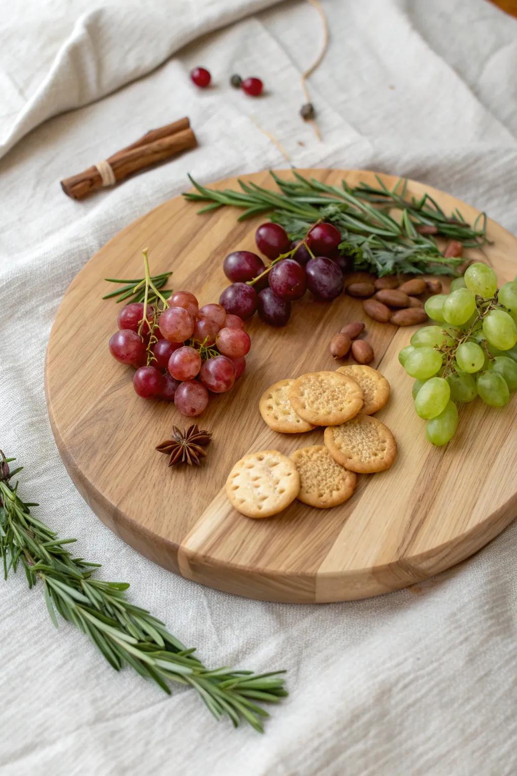 Ornament clusters of grapes, cheese balls & crackers on a handcrafted wooden board.