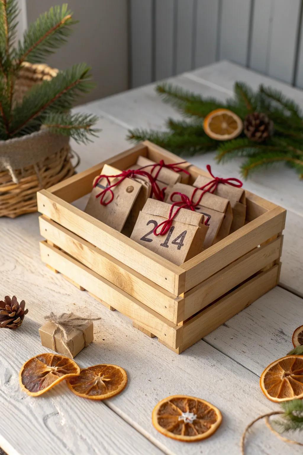 A wooden Advent activity crate with 24 envelopes—simple, boho, and beautifully handmade.