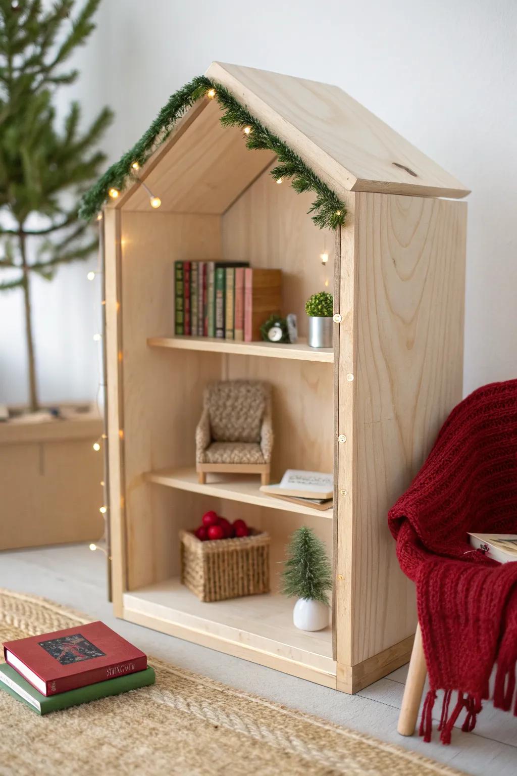 Cozy Christmas book nook: tiny books, garland, and a red throw in handcrafted wood.