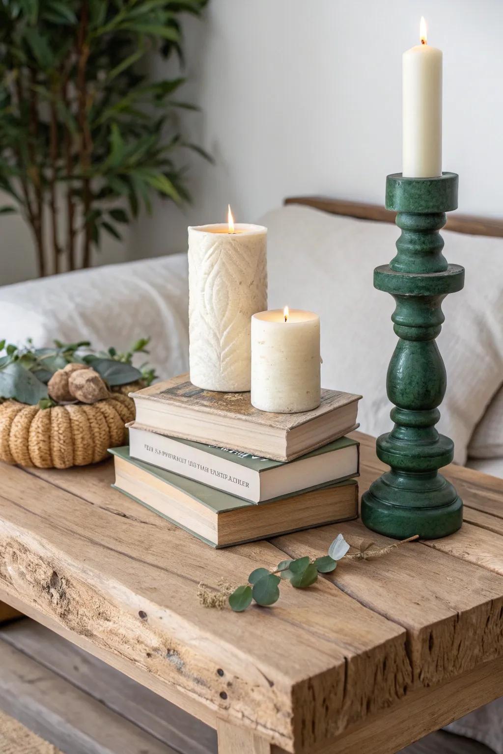 Stacked books + a candle trio: effortless Christmas height with warm wood-grain charm.