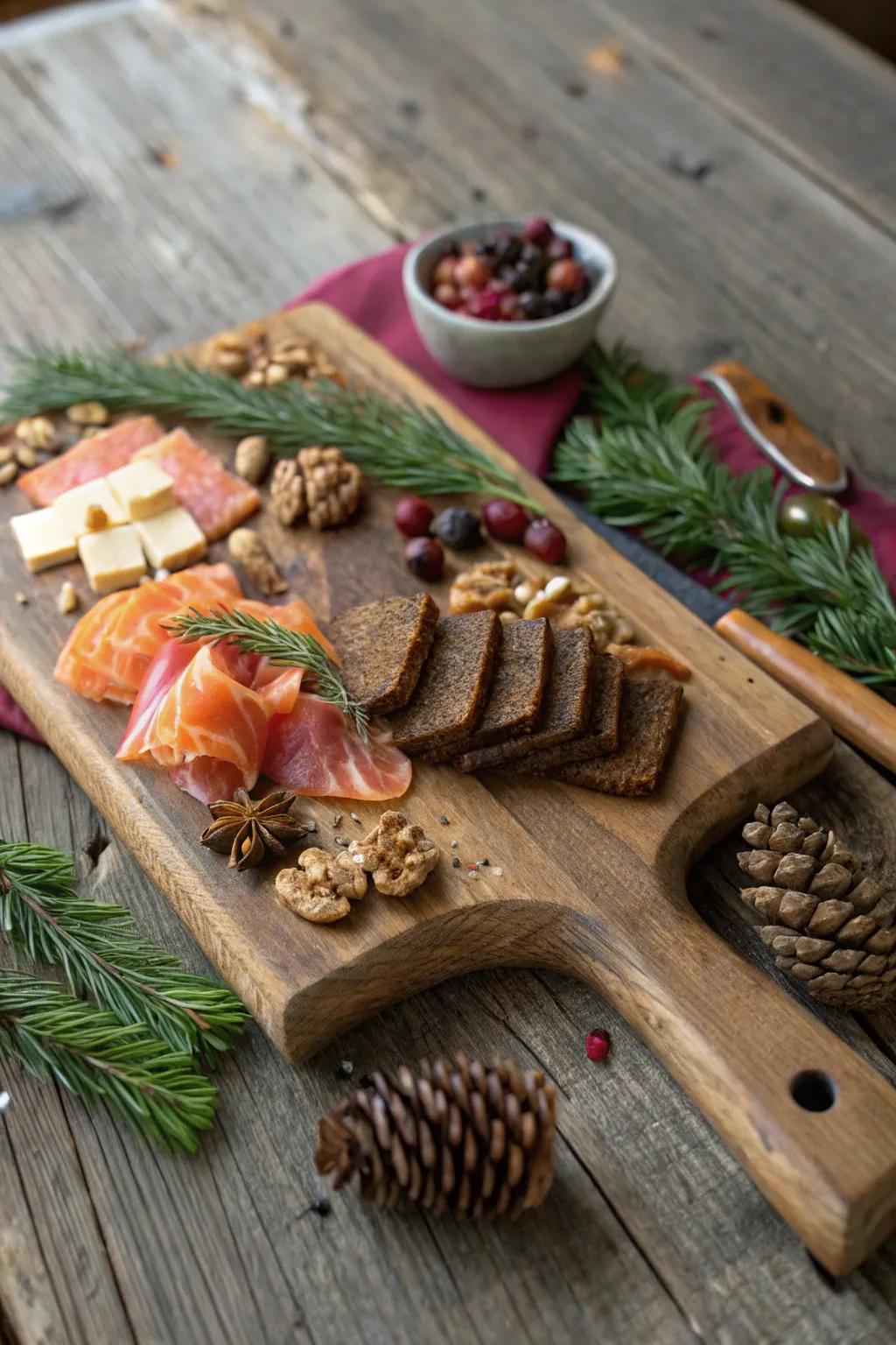 North Woods cabin grazing board: smoked bites, dark rye, evergreens on raw wood.