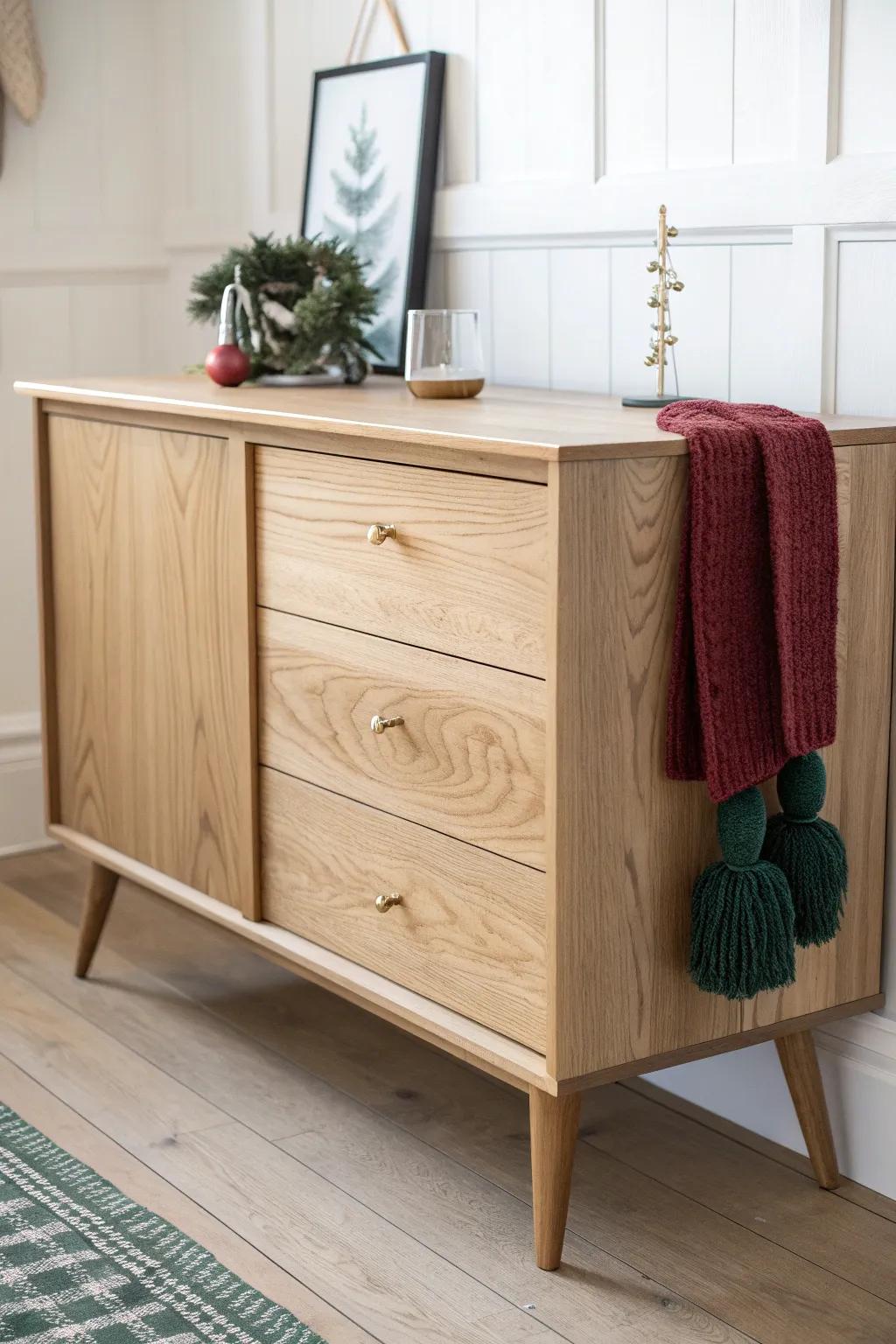 Mini stockings on drawer pulls turn a simple sideboard into festive Christmas charm.