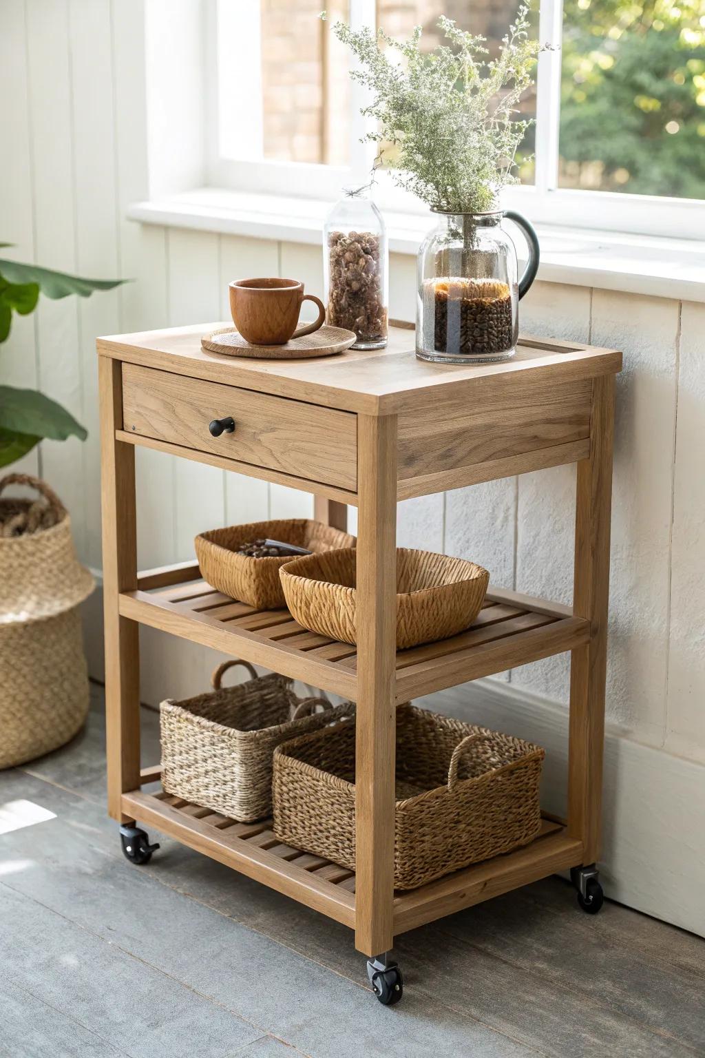 Handcrafted rolling coffee cart with locking casters—portable, stable, and beautifully minimal.