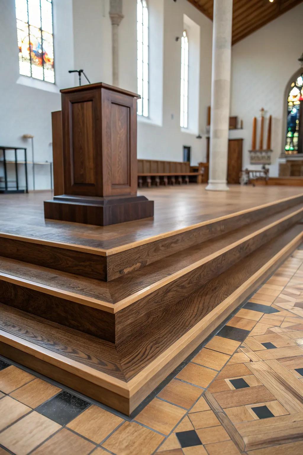 Two-tone wood flooring that frames the altar—dark platform, light nave, striking contrast.