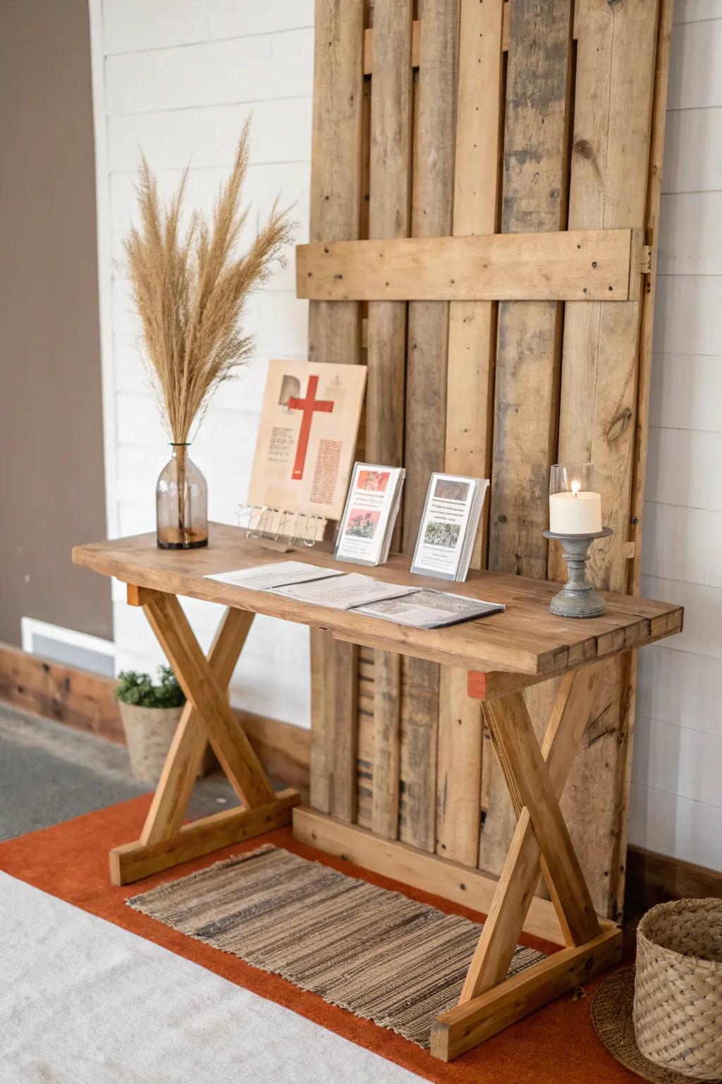 Reclaimed pallet backdrop with mounted brochure holders—rustic warmth, tidy welcome table.