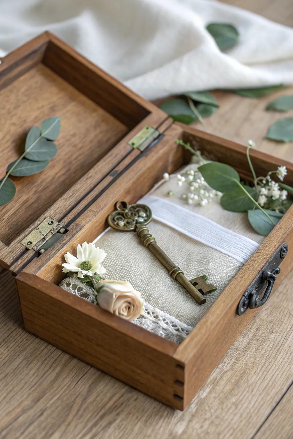 A vintage key adds instant story to this moody cigar box centerpiece—simple, warm, and striking.
