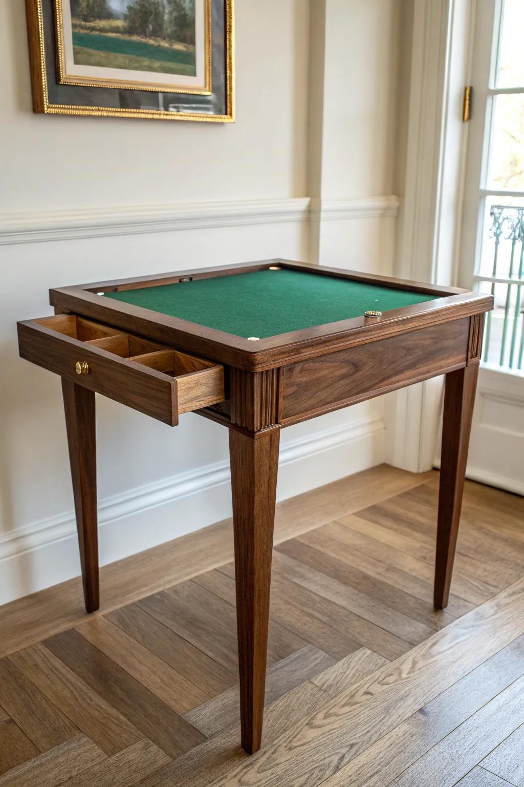 Parlor-style flip-top game table—dark wood, emerald felt, and brass details for clubby charm.