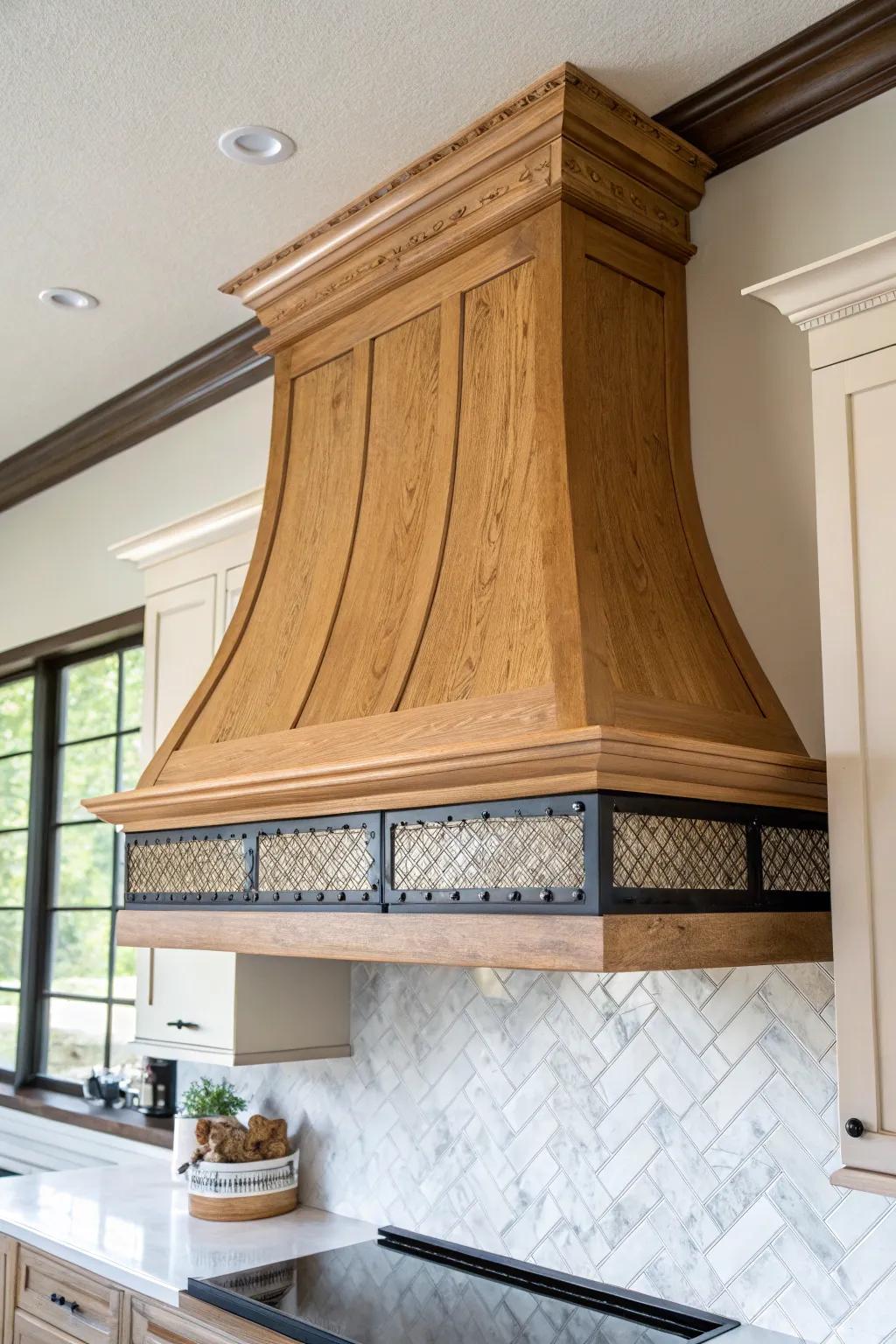 Classic kitchen charm: a handcrafted oak range hood surround with clean lines and warmth.