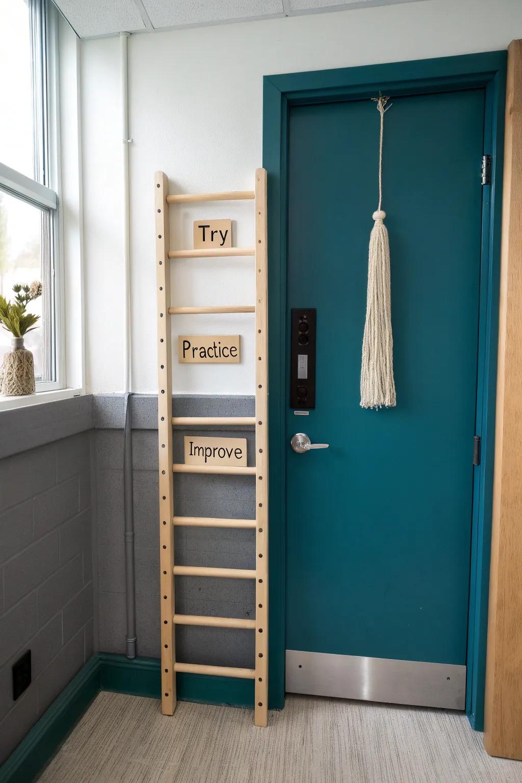 A handcrafted growth ladder door—wood slats, bold color, and daily “try, practice, improve.”
