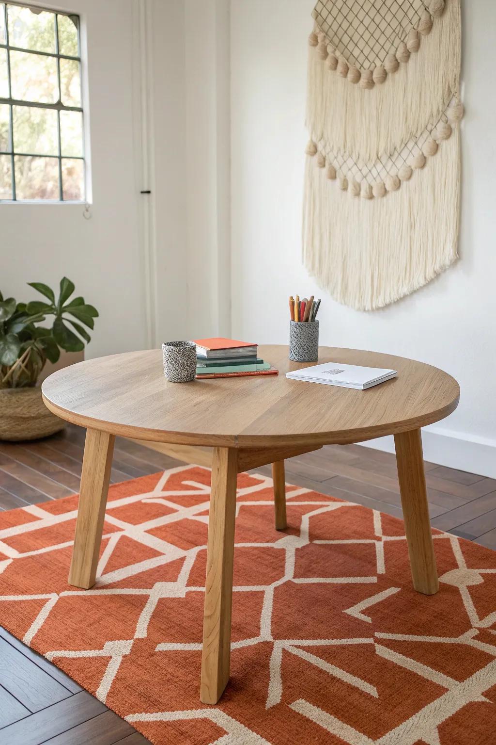Define a discussion zone with a handcrafted round oak table—simple, warm, and inviting.