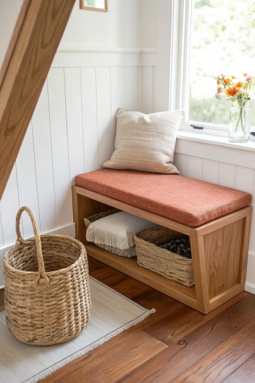 Triangle corner bench turns tight closet angles into cozy seating with warm wood + bold cushion.