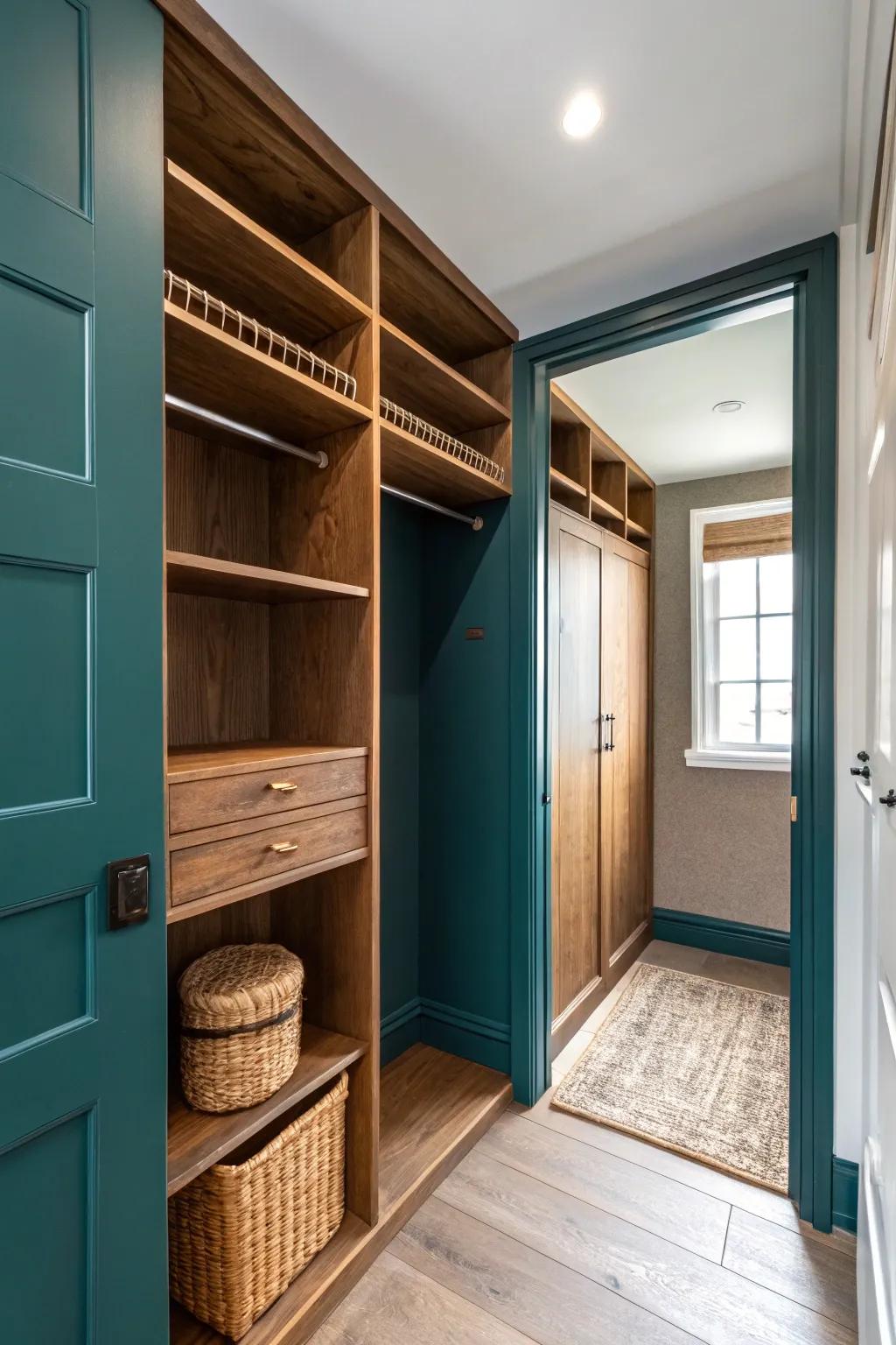 Paint your closet like a tiny room—moody color makes new wood shelves look crisp.