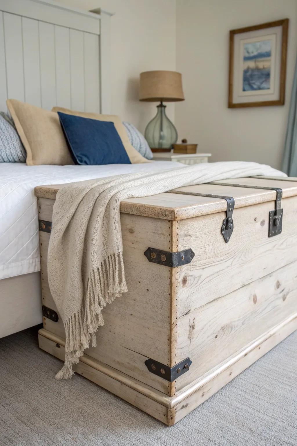 A whitewashed storage trunk adds seaside charm—and extra blanket space—at the foot of the bed.