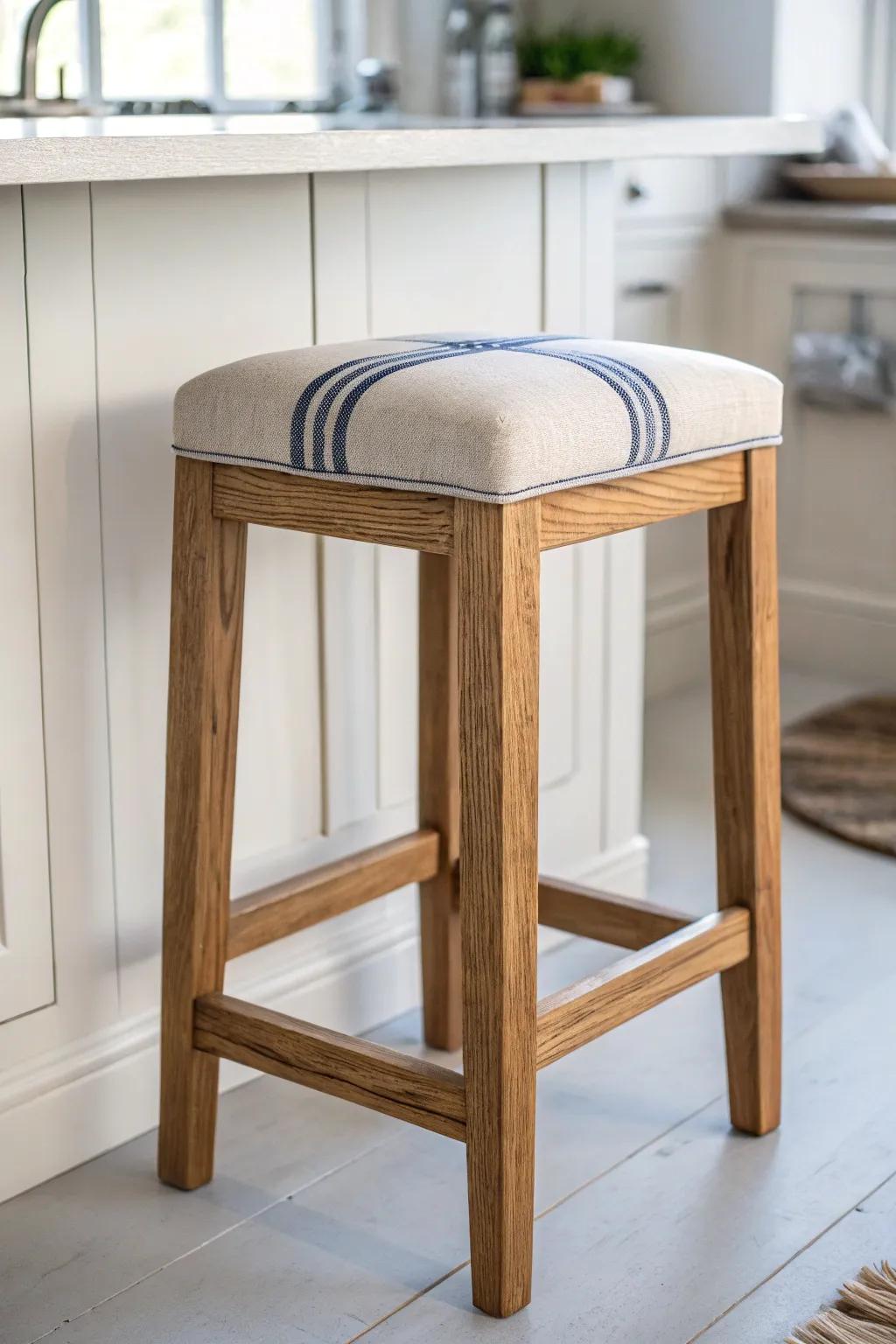 Sandy neutrals meet crafted oak—linen-soft texture for an airy, coastal kitchen calm.