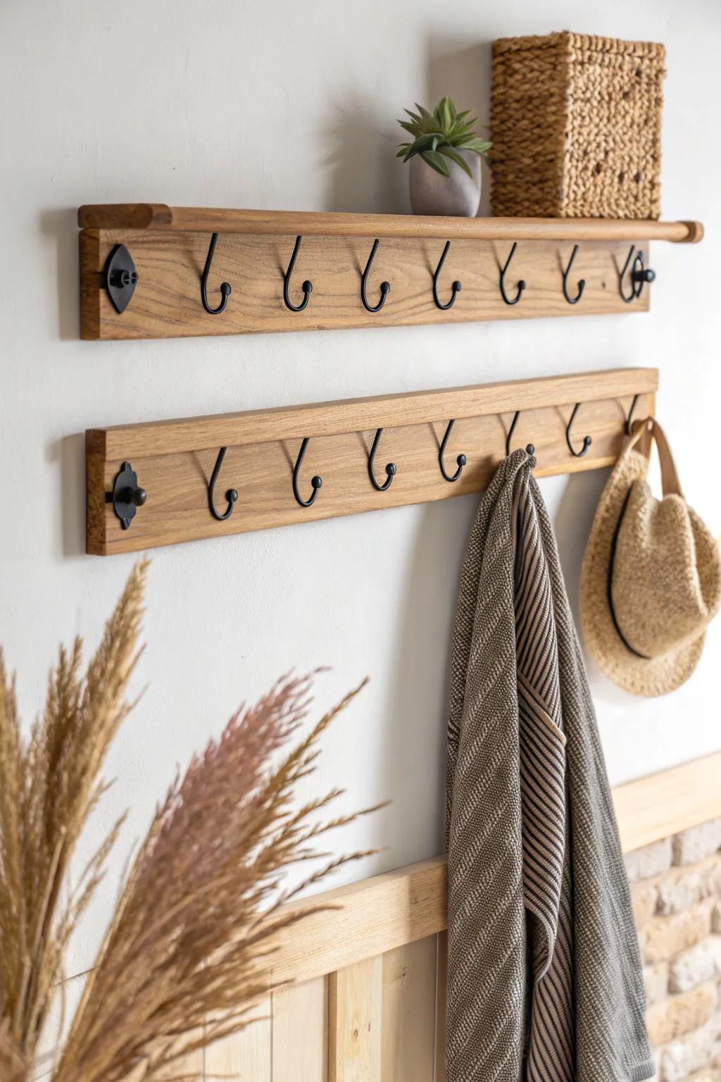 Double-row hooks: adult height up top, kid-friendly row below—beautifully organized family storage.
