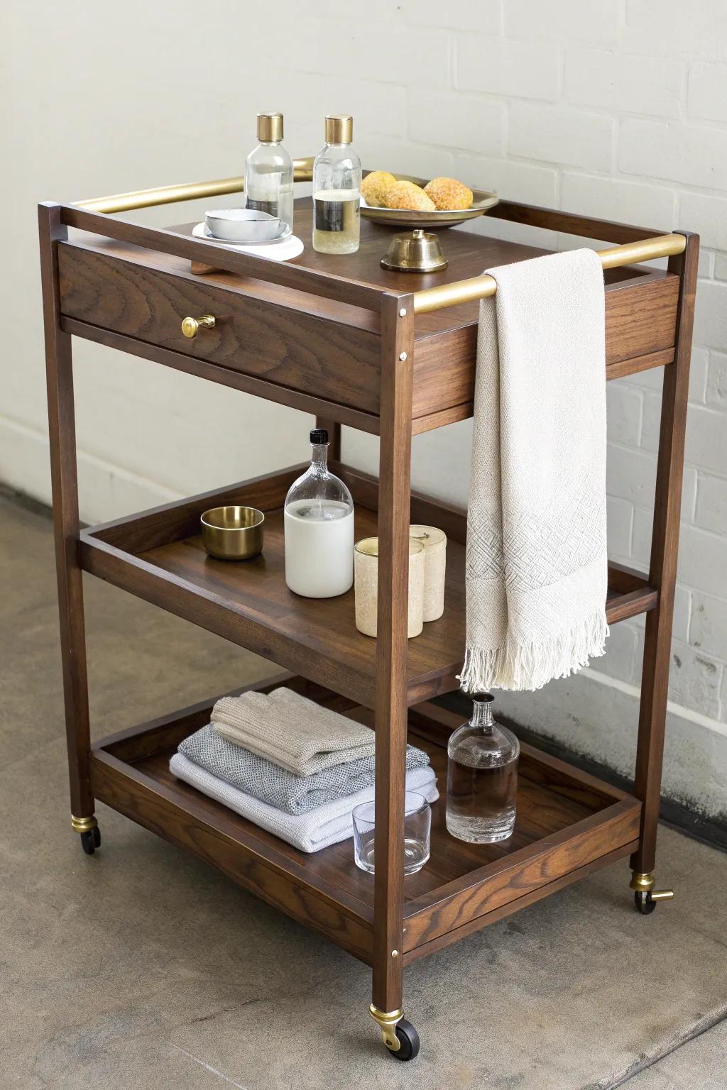 A rolling walnut cart that serves slow coffee by day and sleek cocktails by night—on locking casters.