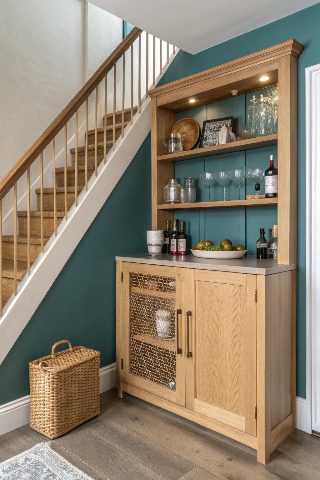 Turn the under-stairs nook into a handcrafted wood bar—coffee by day, cocktails by night.