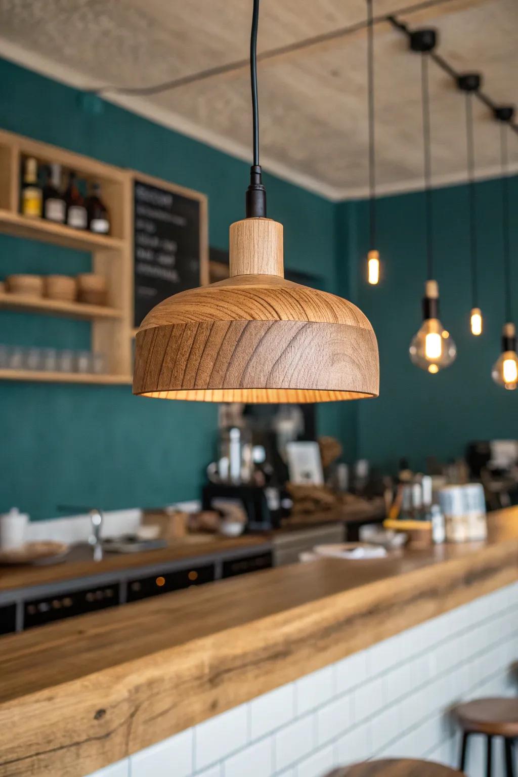 One warm pendant glow over the wood bar—instant cozy centerpiece for a coffee shop vibe.