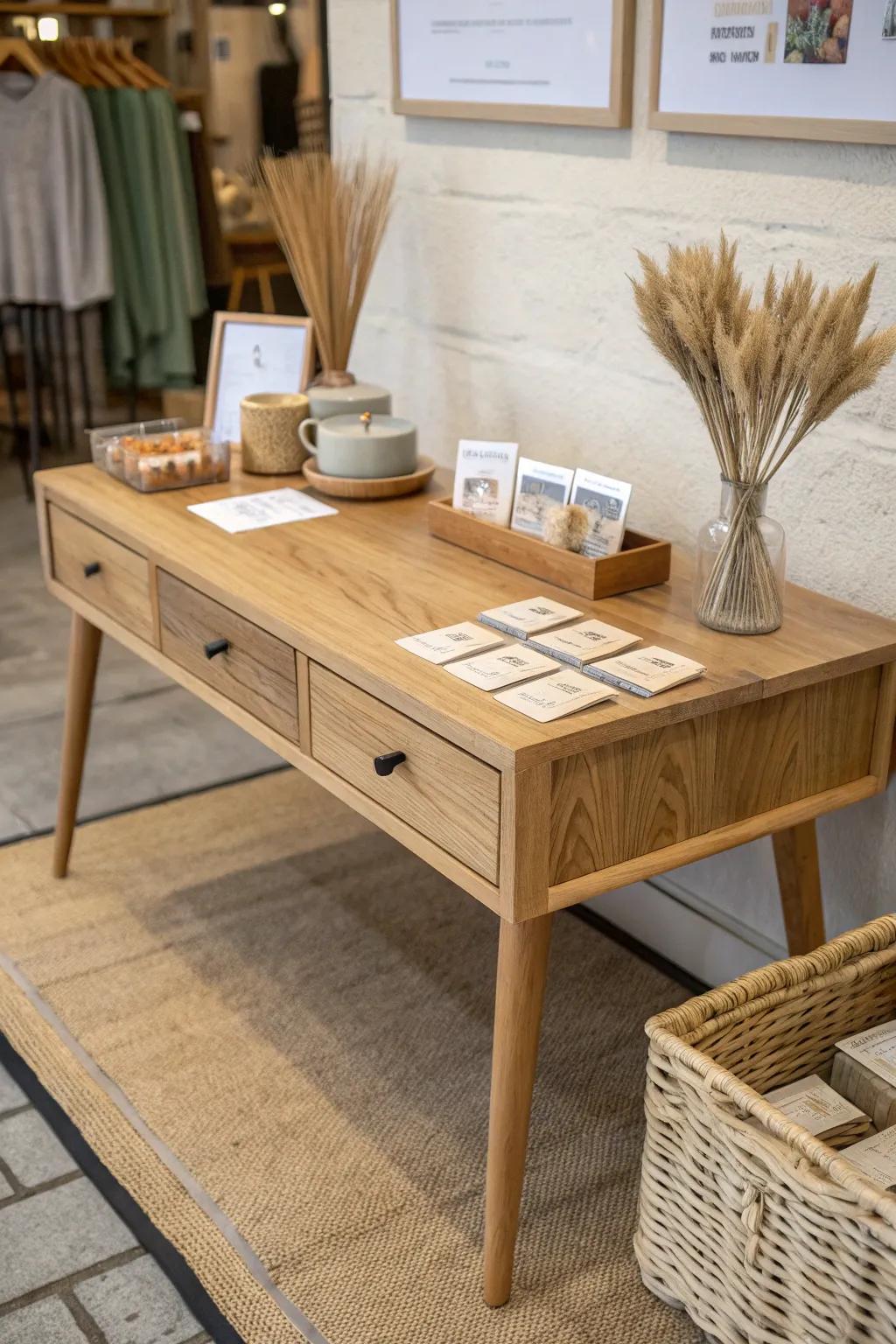 Farmhouse merch table with hidden drawers—minimal, warm oak, and perfect for coffee shop sales.