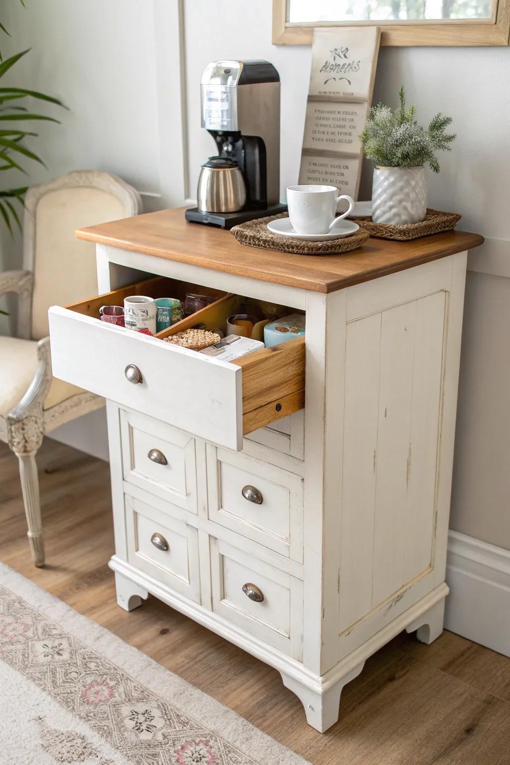 Vintage dresser coffee station with a durable wood top—hidden storage, Scandinavian style.