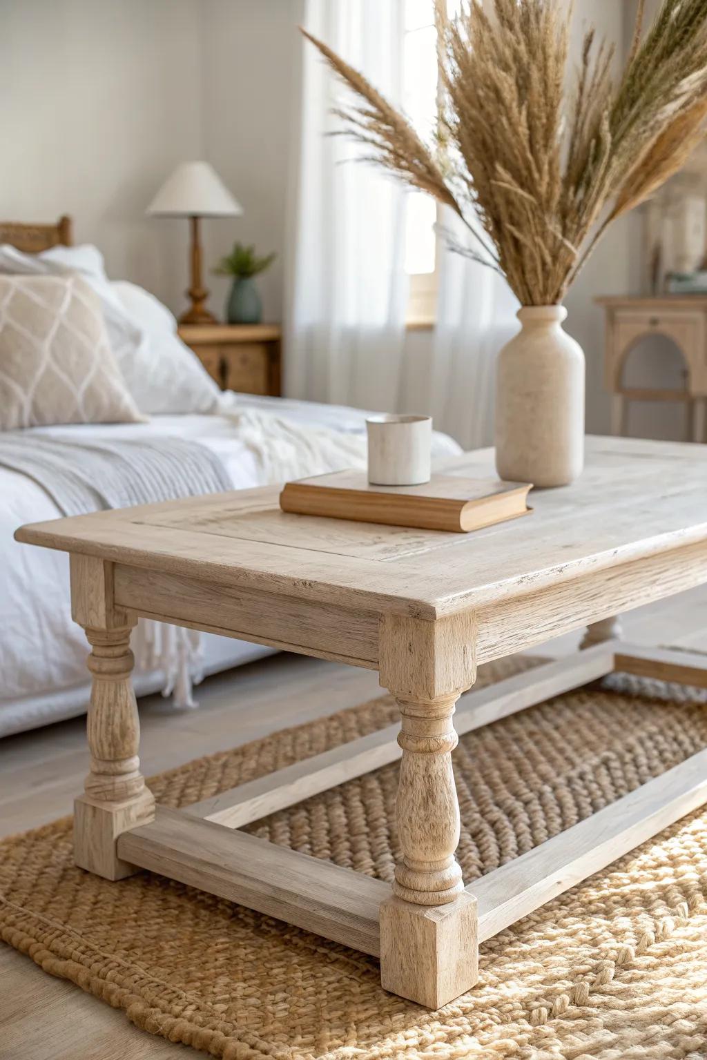 Whitewashed wood coffee table for an airy farmhouse bedroom—soft grain, calm neutrals, bold accents.
