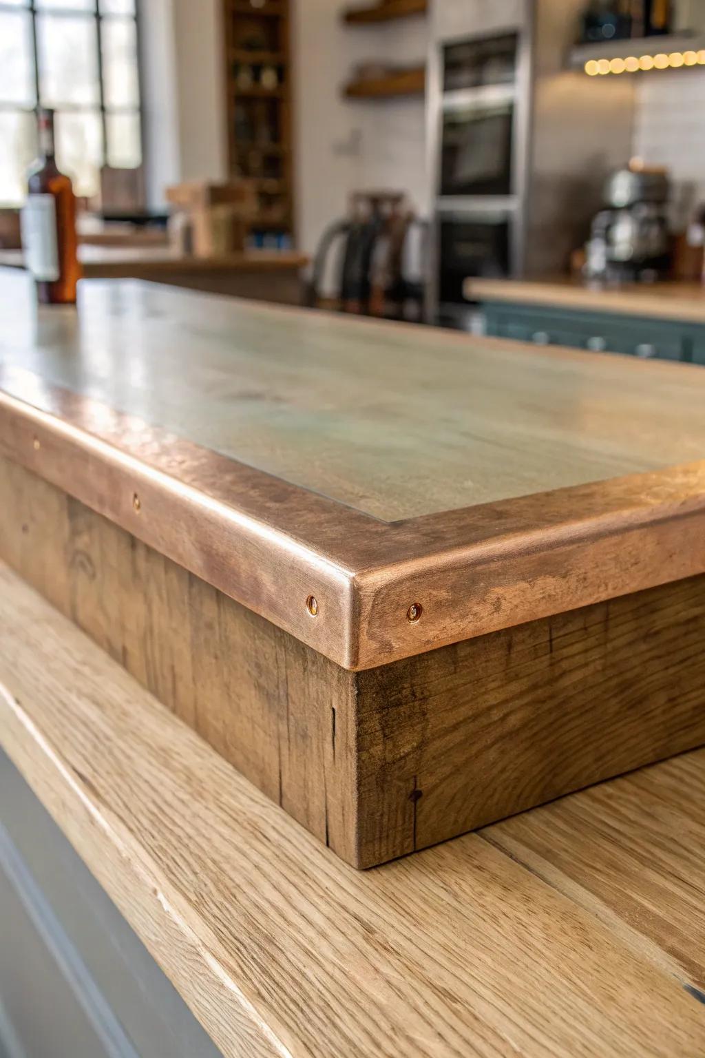 Soft-patina metal bar top: old-world charm, hides wear beautifully, and looks handcrafted.
