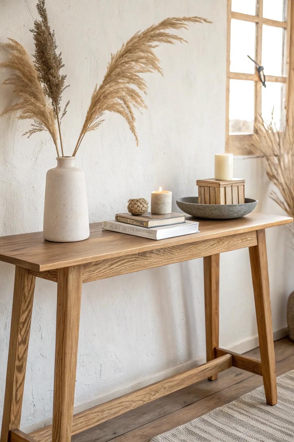 Neutral console styling: light oak, creamy ceramics, and soft grays for an airy, high-end calm.