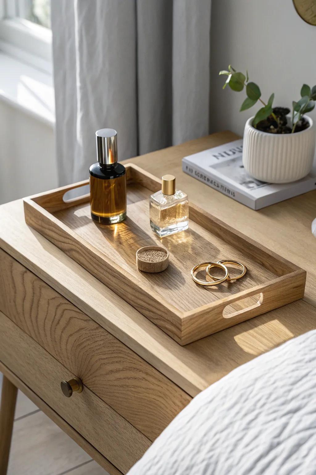 A simple oak tray keeps perfume and daily essentials chic, calm, and beautifully organized.
