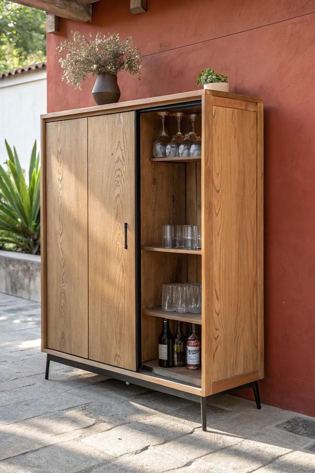 A space-saving sliding plank door corner bar cabinet with bold contrast and clean craft.