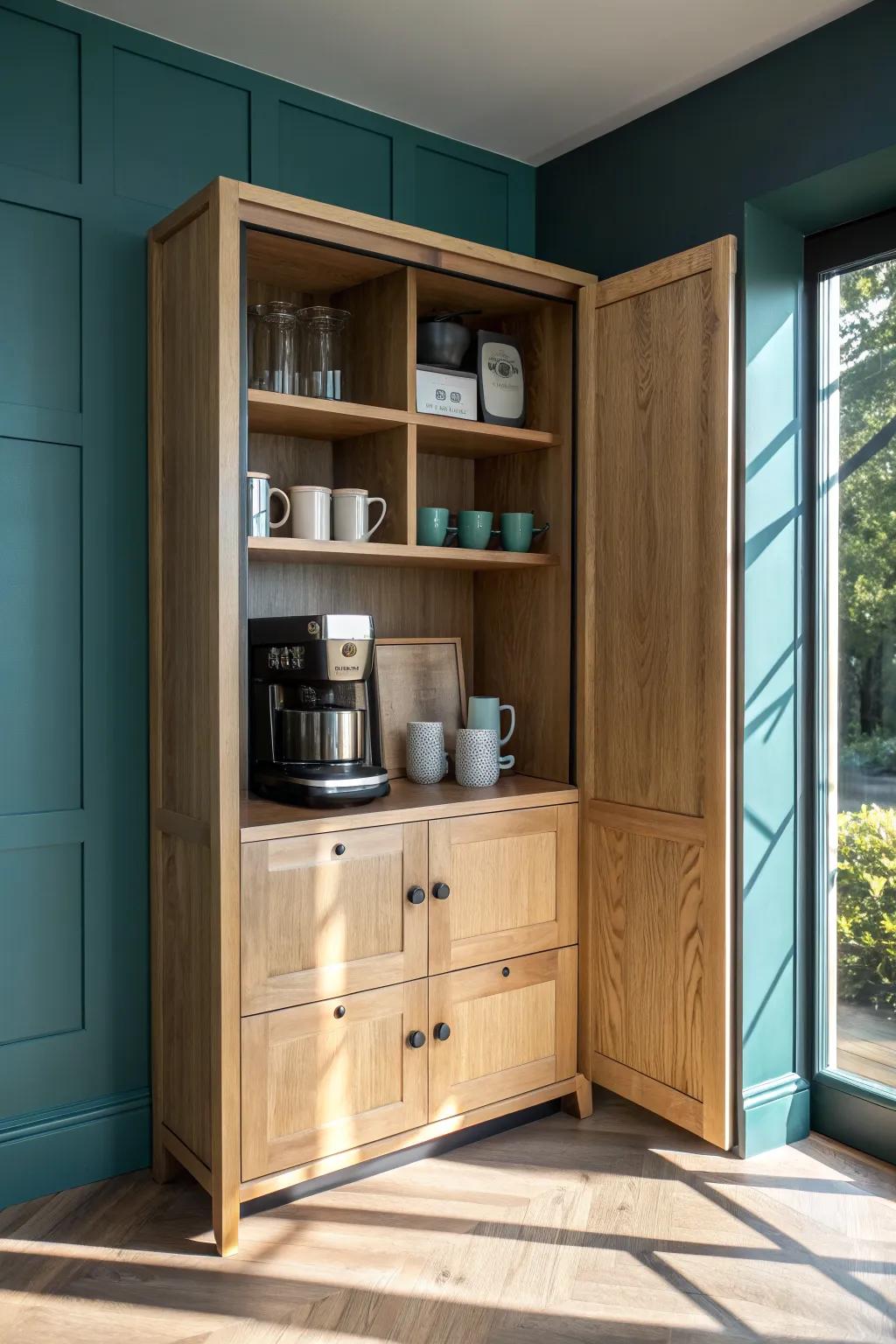 Sleek pocket door corner cabinet—hide your coffee bar in one smooth, minimalist slide.