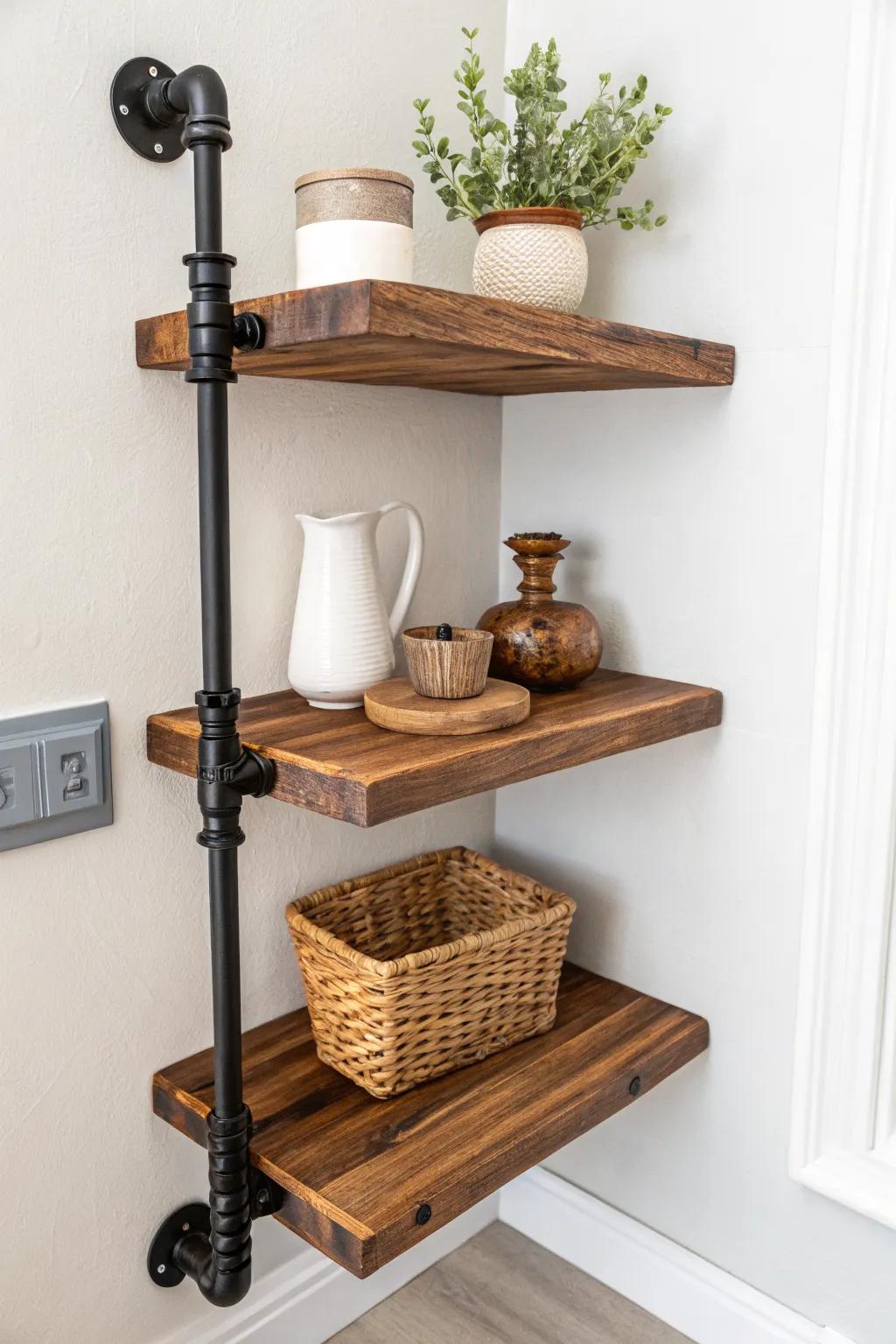 Warm walnut and matte black pipe shelving—rugged, chic corner storage above a desk.