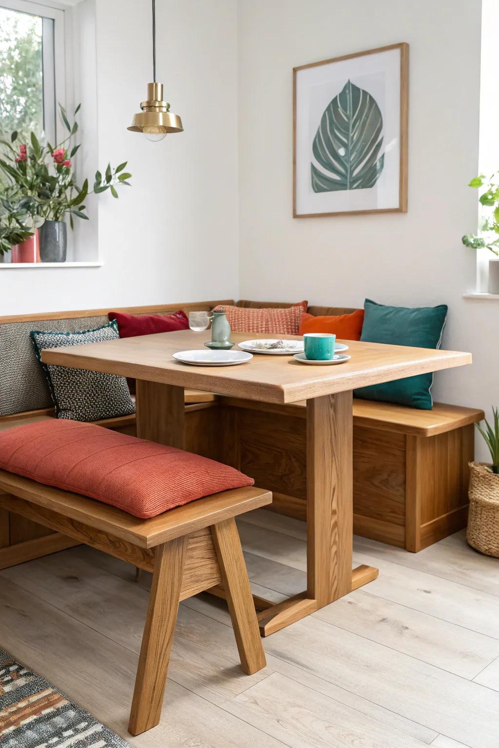 A built-in corner bench plus a hidden pull-out leaf—tiny nook, instant extra seats.