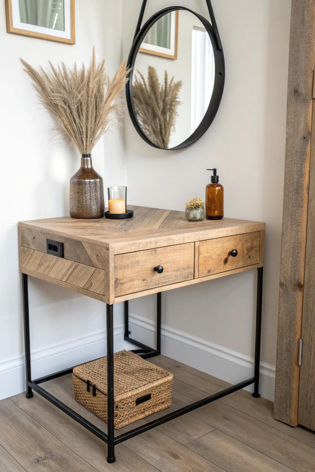 Rustic reclaimed-wood corner vanity with matte grain and sleek black hardware—cozy and chic.