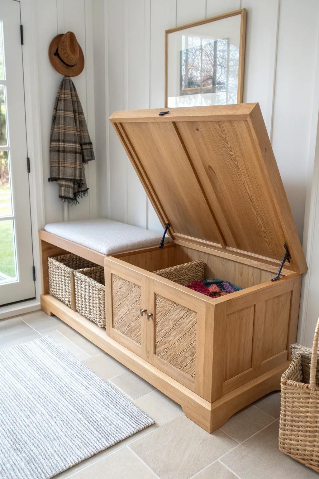 Flip-up corner bench lid hides deep mudroom storage—sleek soft-close and stunning oak craft.
