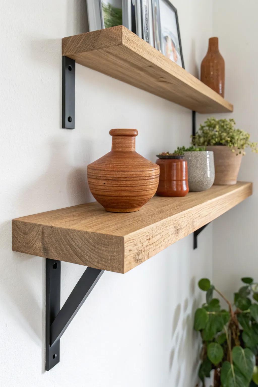 Thick block corner shelf with extra-long brackets—minimal, bold contrast, seriously sturdy.